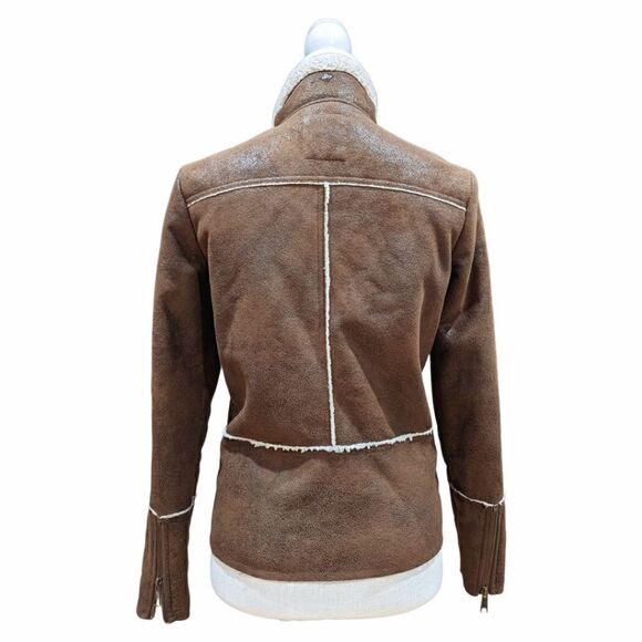 Prana Faux Suede Sherling Leather Sherpa Lining Dark Brown Zip Up Jacket Size XS - Picture 4 of 13